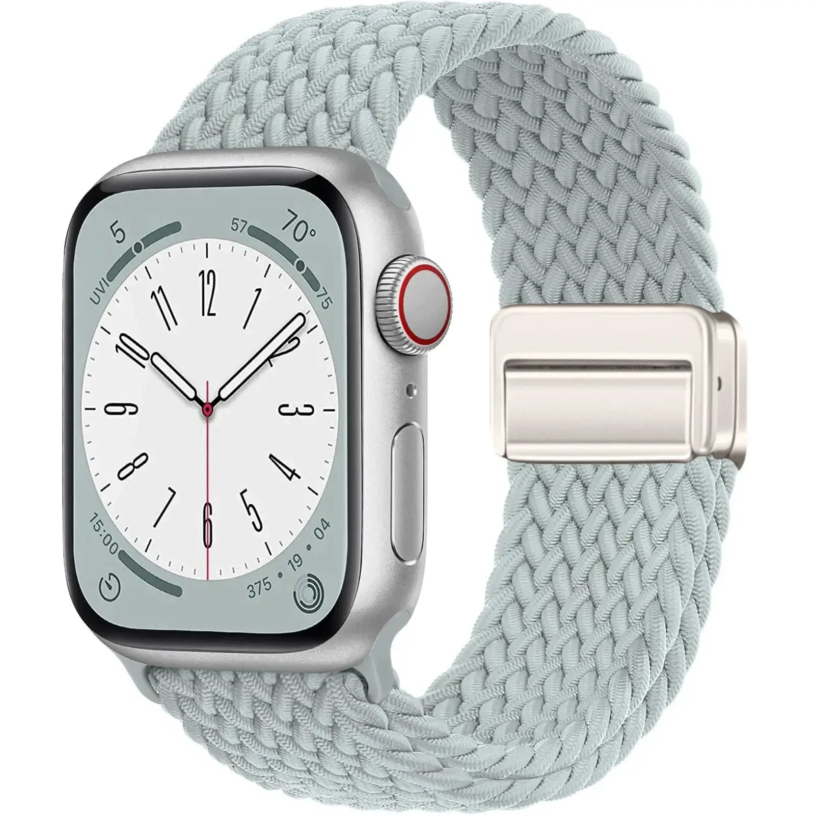Braided Apple Watch strap in light gray nylon with magnetic buckle for 38–49mm models