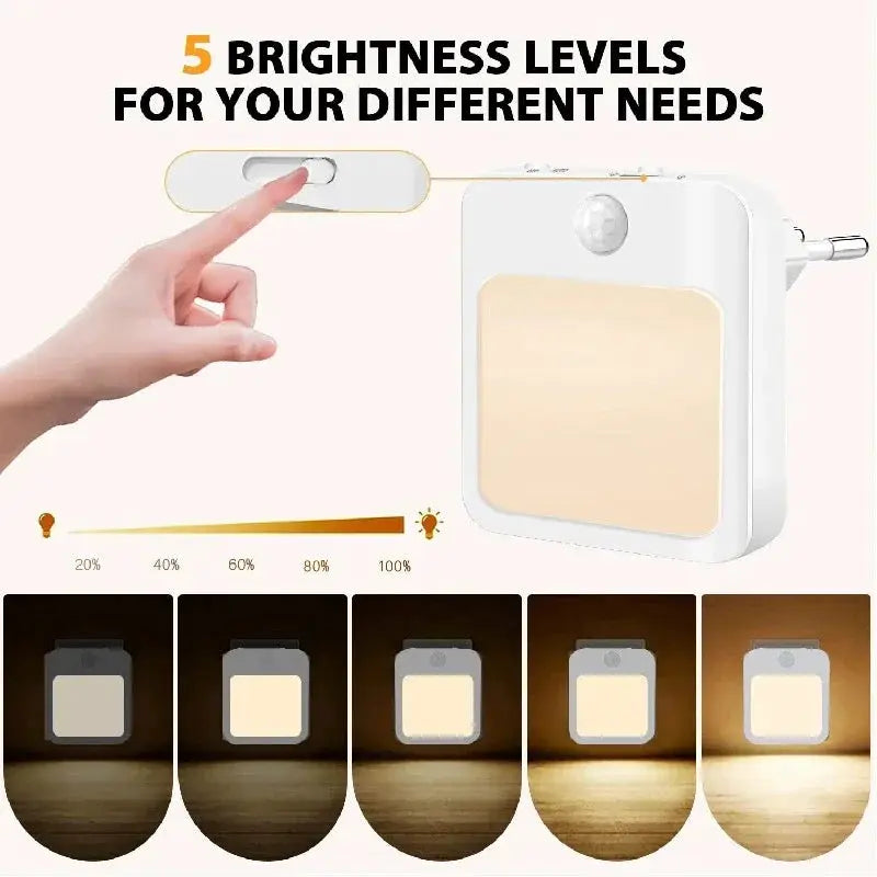 Simples Market night light with motion sensor, white LED bedside lamp with 5 brightness levels and EU/US plug