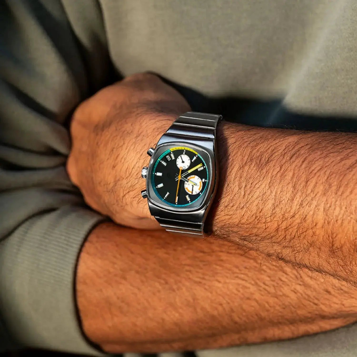 CILOA square men's stainless steel watch with black dial and colorful subdials on metal bracelet