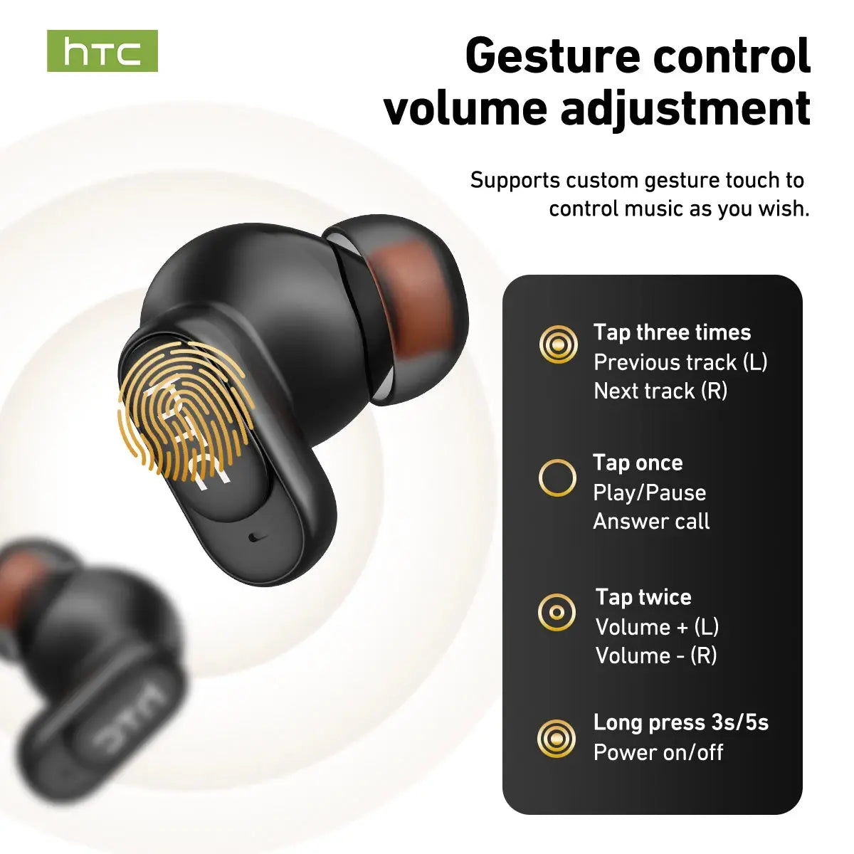 HTC NE79 TWS earbuds, a black pair with gesture control by Simples Market.