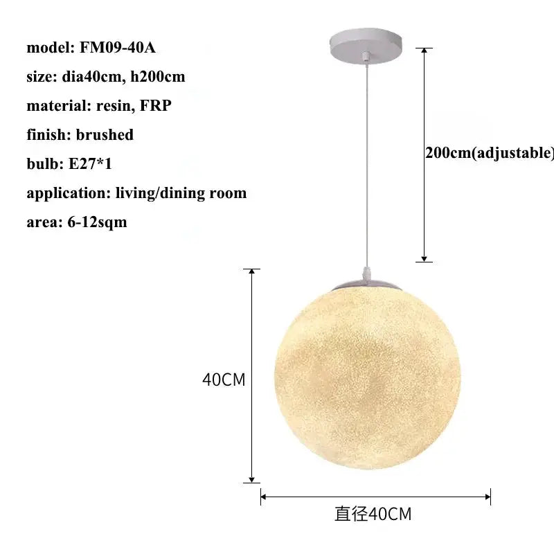 Simples Market Nordic Moon LED pendant light; brushed resin/FRP sphere, 40cm diameter, 200cm adjustable cable, E27 bulb