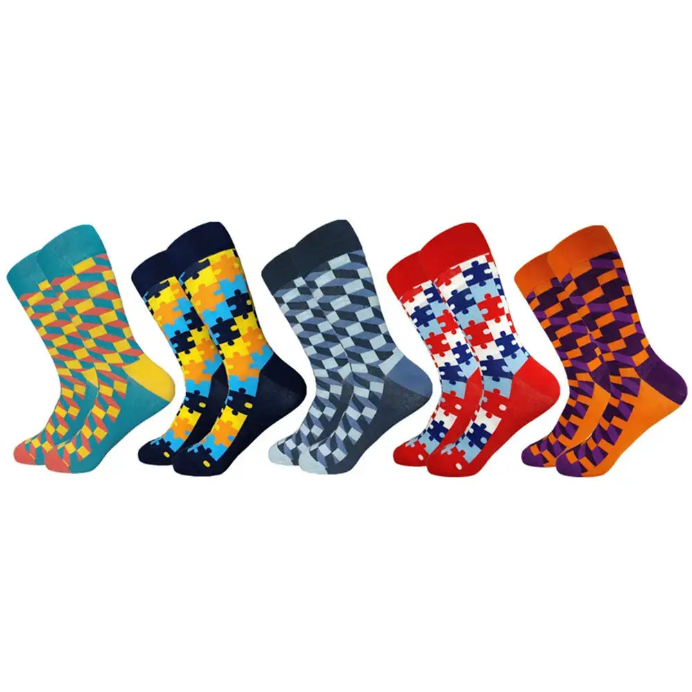 5 Pack Novelty Men's Cotton Crew Socks With Colorful Pattern Funny Happy Fashion Dress Socks
