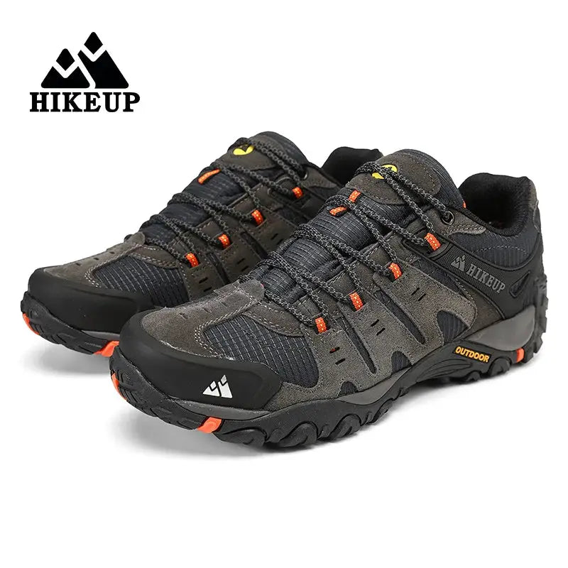 HIKEUP men's hiking shoes pair in dark gray suede and mesh with orange accents for rugged outdoor trekking