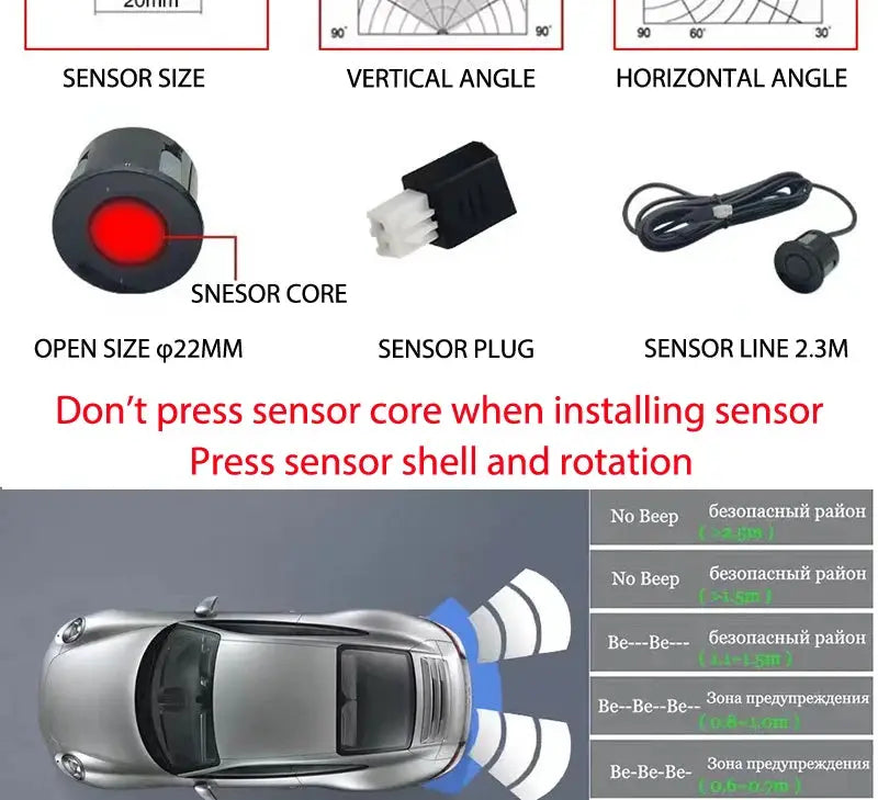 FirstSafe parking sensor kit with mood-light display and backup monitor; includes sensor core, plugs and 2.3m cable