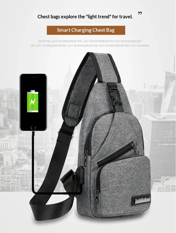 Men's chest bag by Simples Market, lightweight grey canvas crossbody with adjustable strap and multiple zip pockets.