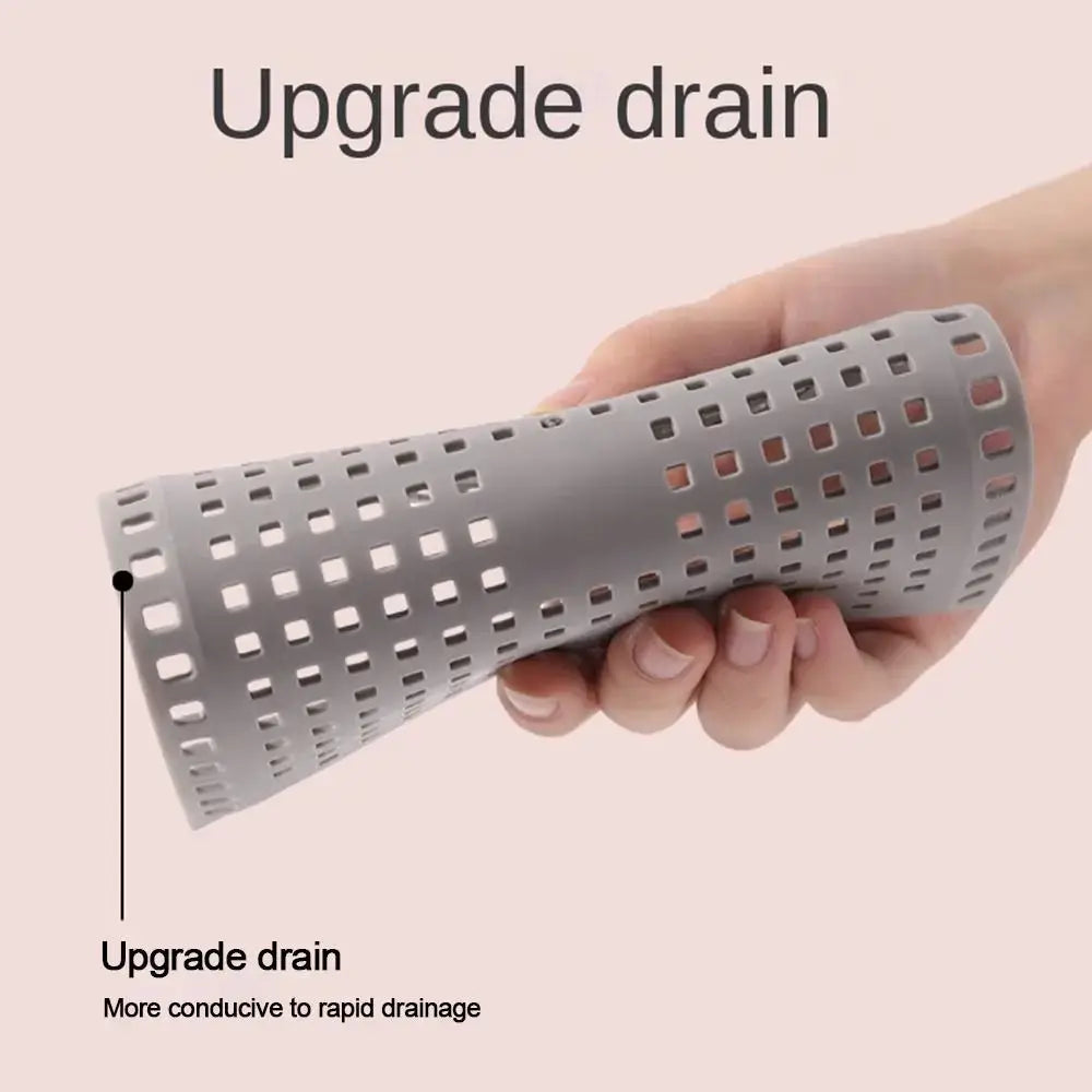Grey plastic kitchen drain filter sleeve for sinks and showers, anti-clogging sealing pad
