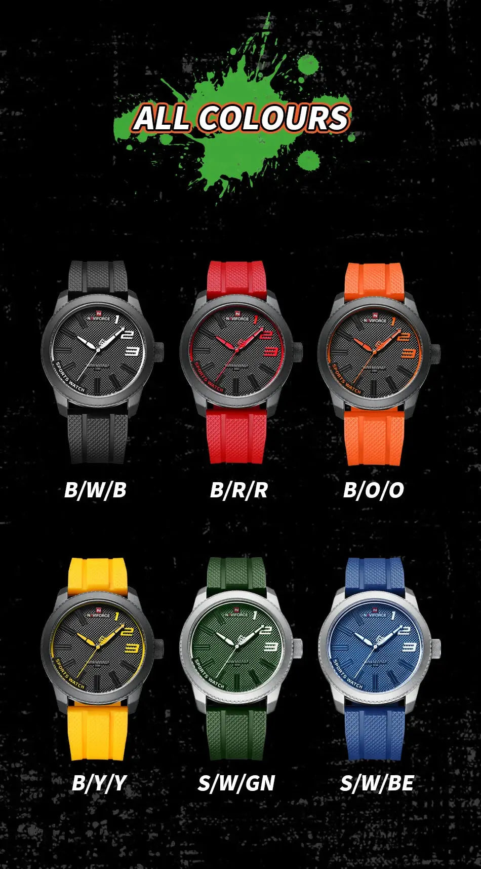 Naviforce men's quartz watches with silicone straps in six colours (black, red, orange, yellow, green, blue)