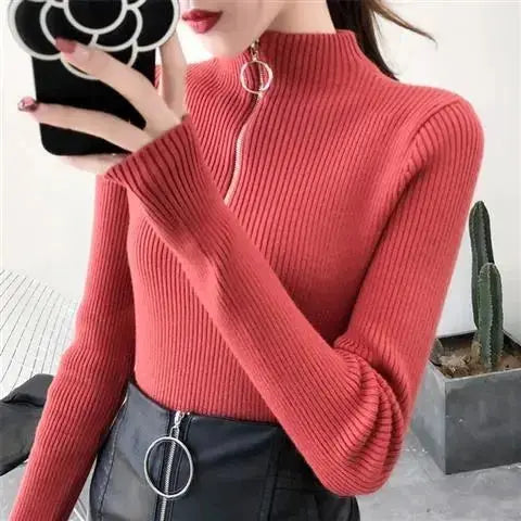 TrendWeave Zipper Half High Neck Knit Sweater Pullover For Women Autumn Winter Slim Solid Knitwear