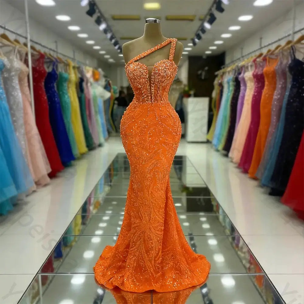 One Shoulder Backless Sequin Mermaid Evening Gown With Beading