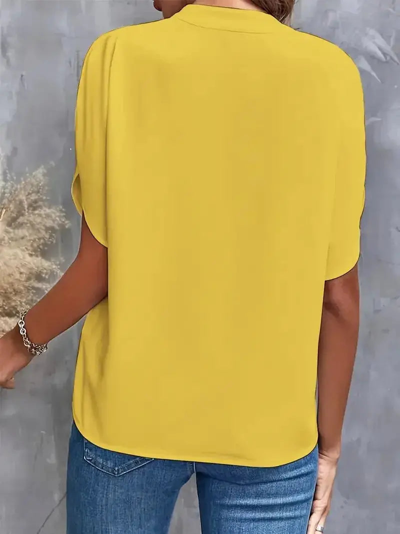 VEITCHE yellow women's loose blouse, V-neck, half-sleeve pullover top