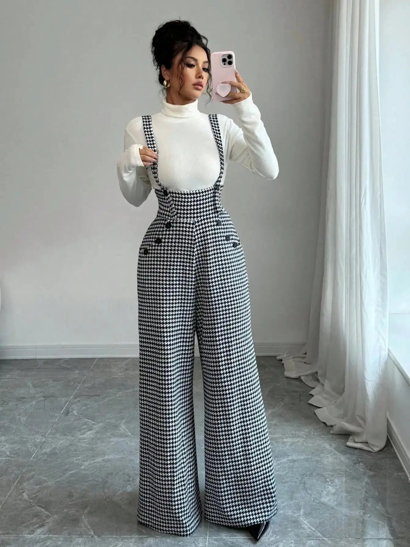 Womens houndstooth wide-leg suspender jumpsuit in black and white by Simples Market