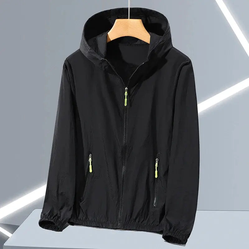 Black lightweight hooded jacket for men with neon-green zipper pulls, zip pockets and elastic cuffs