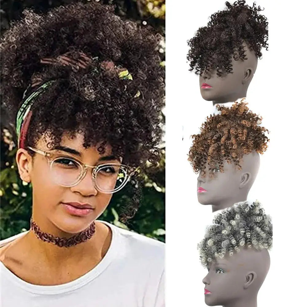 Afro Puff Updo Drawstring Ponytail with Bangs black kinky curly synthetic wig; shows 3 color options on mannequins.