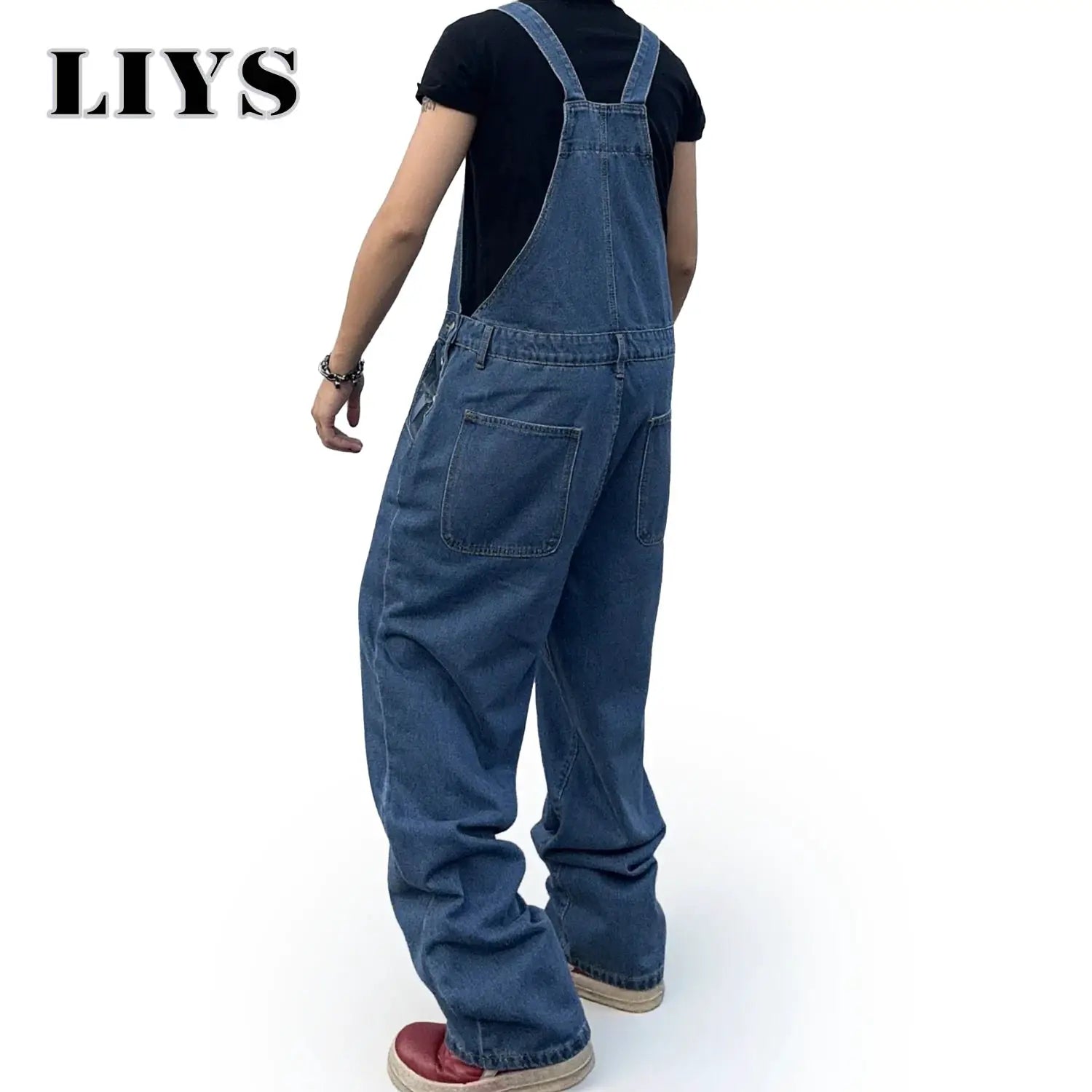 Men's blue denim overalls with suspenders, baggy mid-waist fit, back view