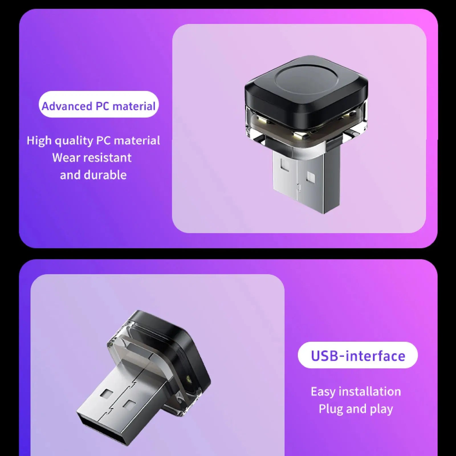 Car USB LED mood lamp with black top and clear housing; plug‑and‑play interior lighting