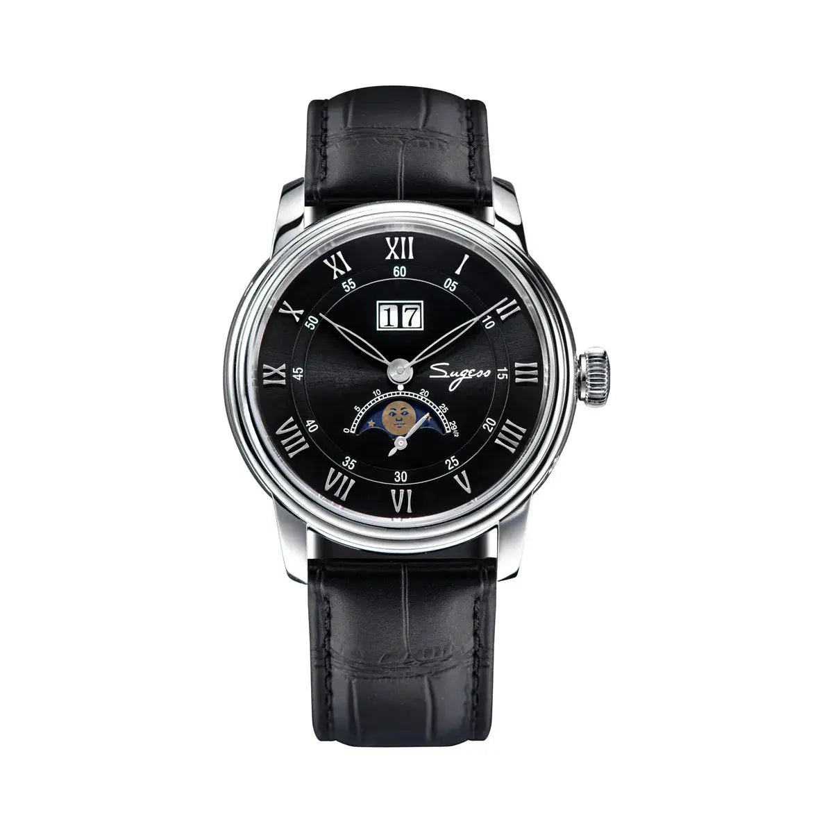 Sugess 40mm moonphase men’s watch, stainless steel case, dial with Roman numerals and moonphase, leather strap