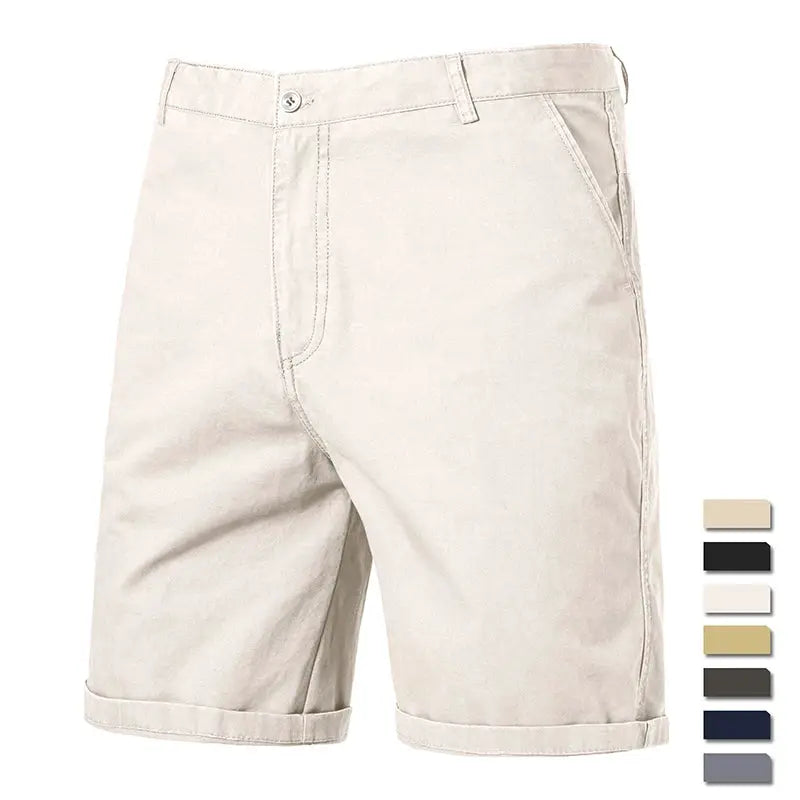 Men's cotton casual shorts in beige with belt loops and front pockets.