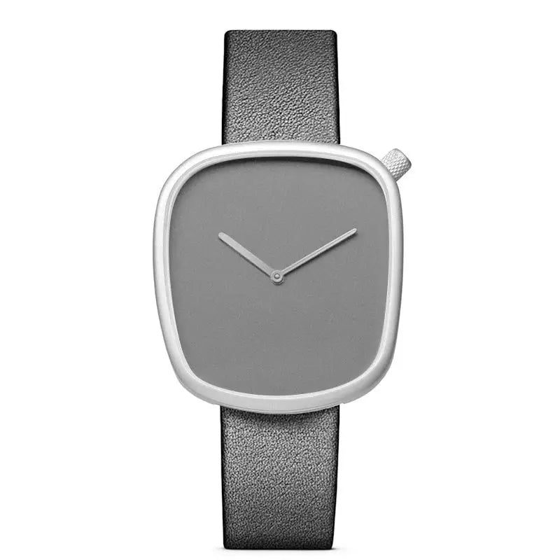 TOMI minimalist square watch with grey dial, silver bezel, and textured grey strap