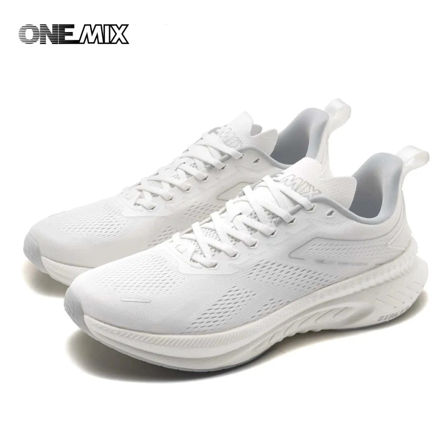 ONEMIX men's white breathable running shoes pair with knit mesh upper and cushioned sole