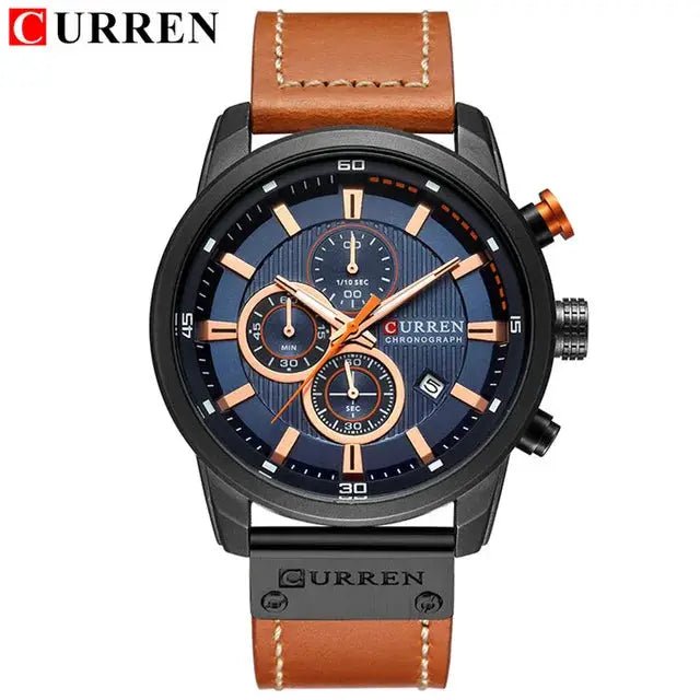 Curren 8291 men's quartz chronograph watch with blue dial, rose-gold hands, brown leather strap