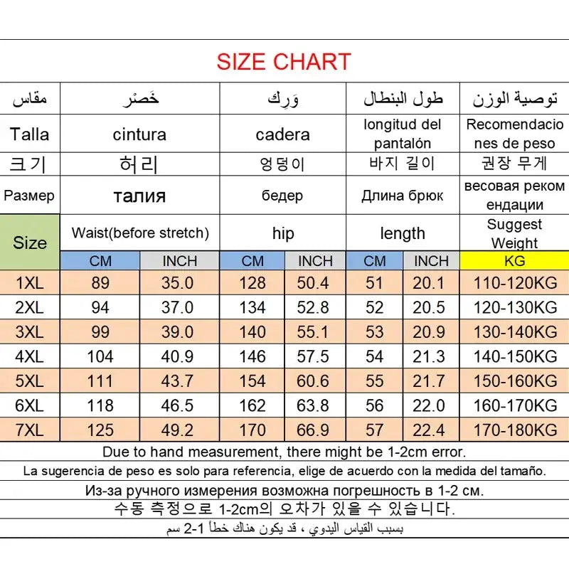 Size chart for men's plus-size shorts, listing waist, hip, length in cm/in and weight ranges from 1XL to 7XL