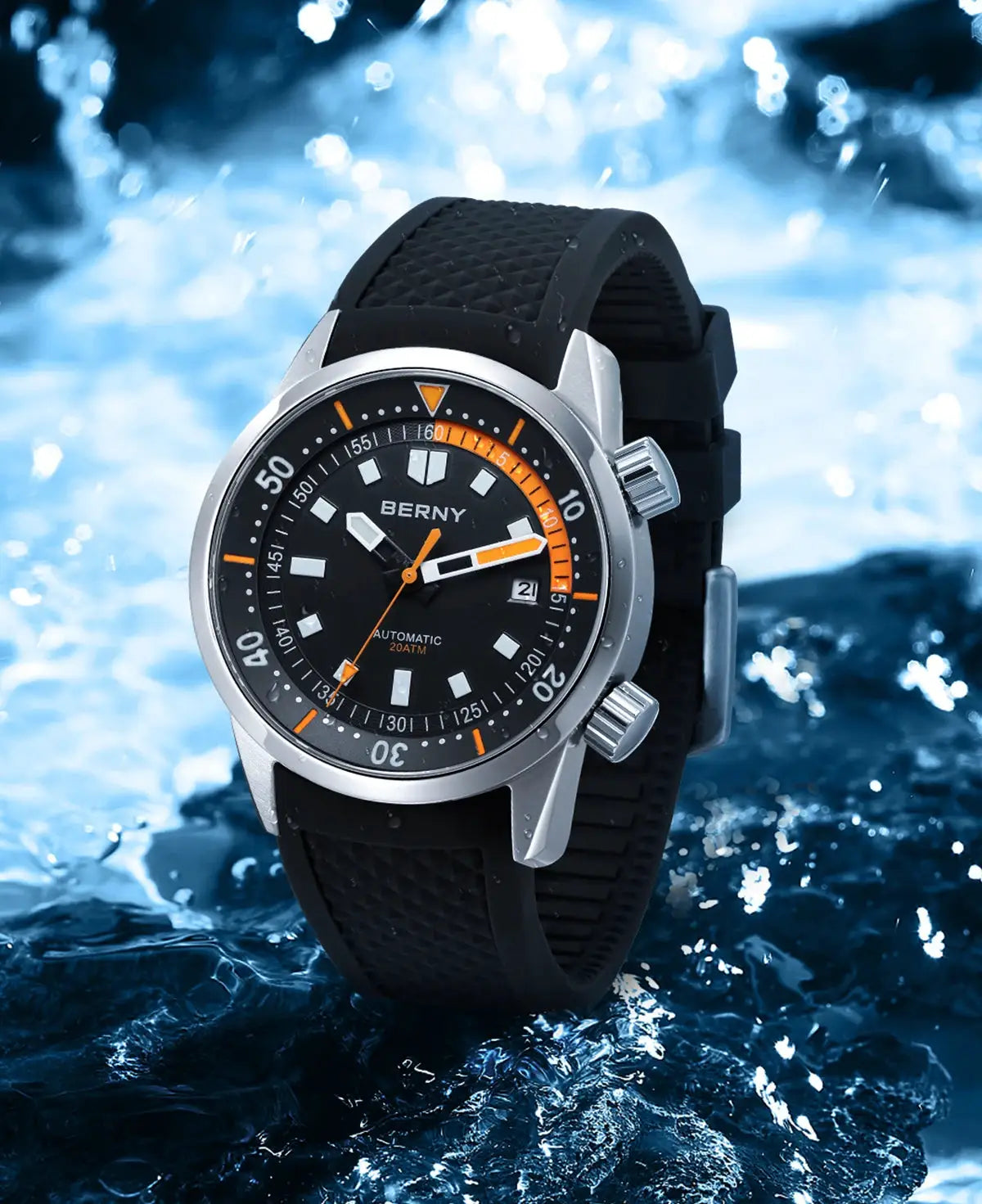 BERNY men's dive watch, 42mm, black dial with orange accents, 200m water resistant, rubber strap, automatic
