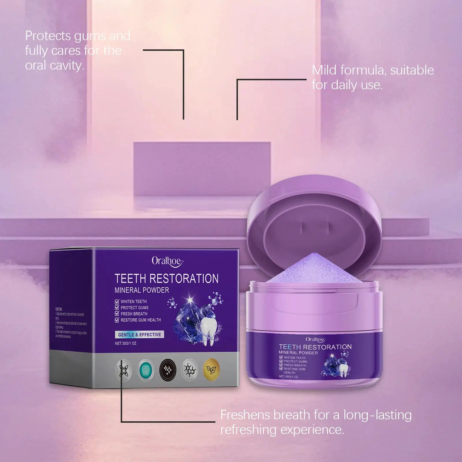 Teeth Restoration Mineral Powder by Oralhoo, purple jar and box for dental care