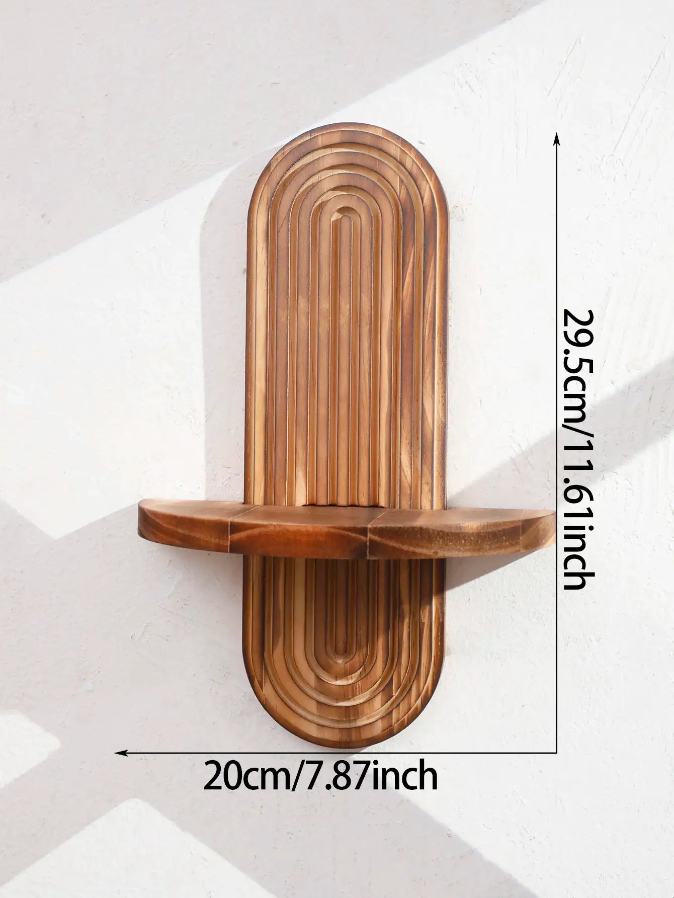 Geometric Boho wooden wall shelf by Simples Market, natural wood finish, wall-mounted arch design.