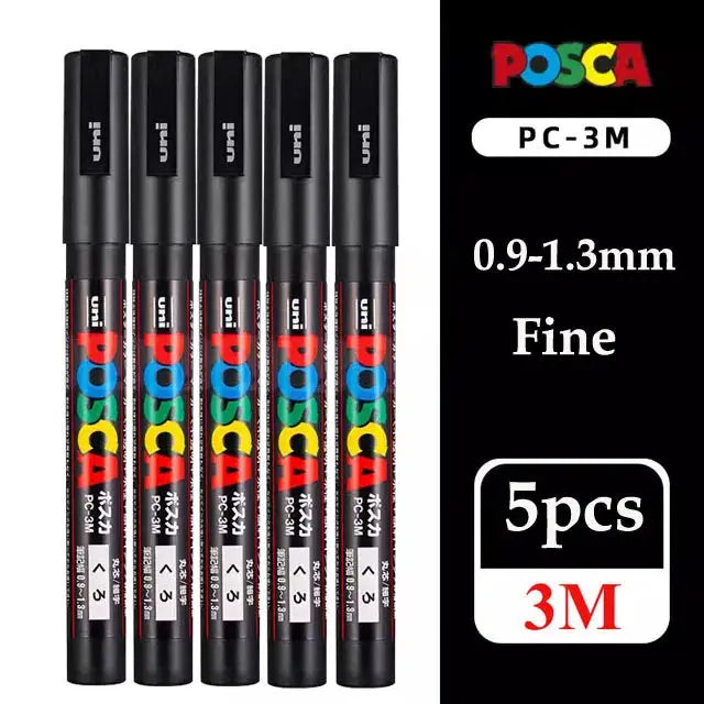 Uni Posca PC-3M paint marker pens, 5pcs, black bodies with colorful POSCA logo, fine 0.9–1.3mm