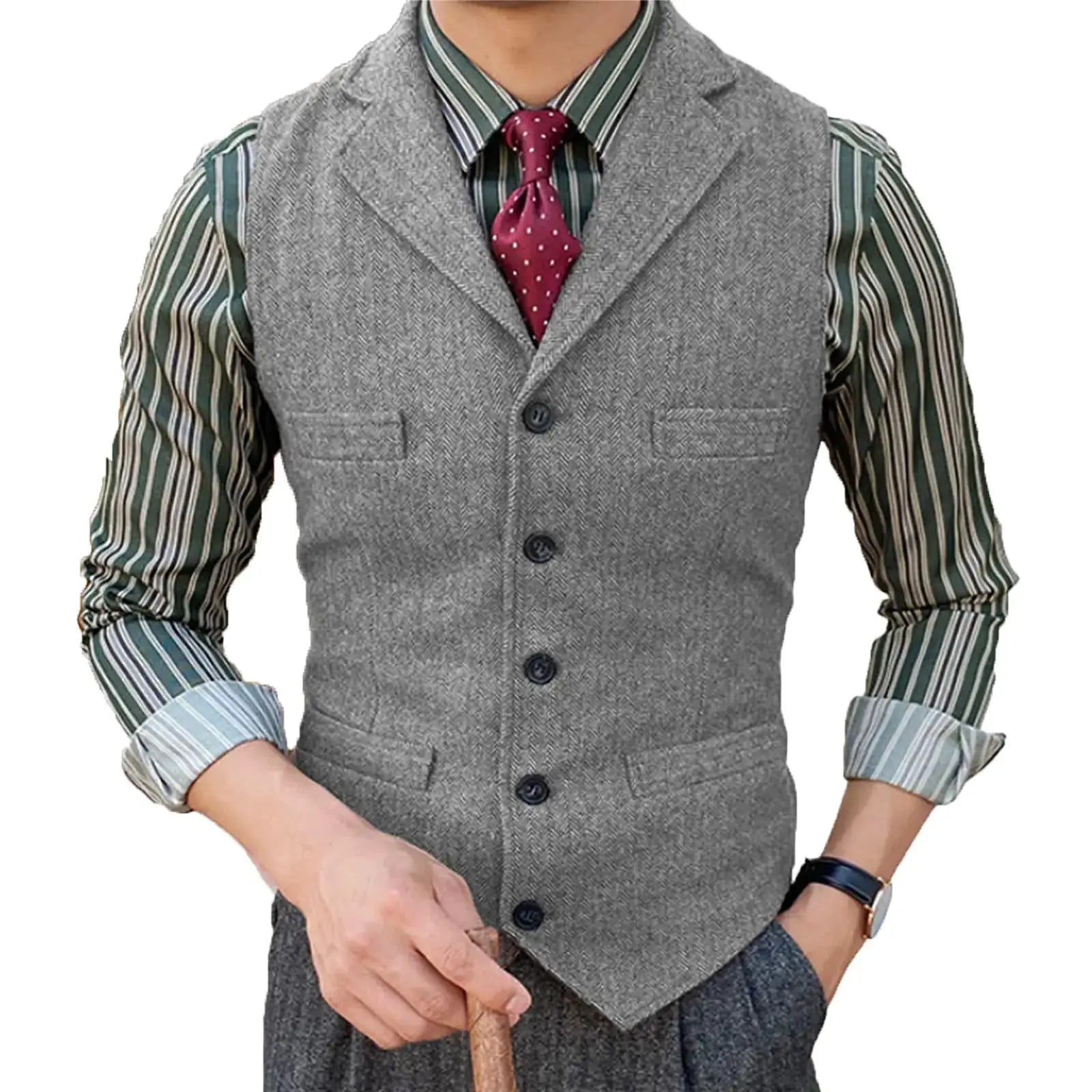 Mens wool herringbone vest with lapel in grey, worn over a green striped shirt and burgundy polka-dot tie