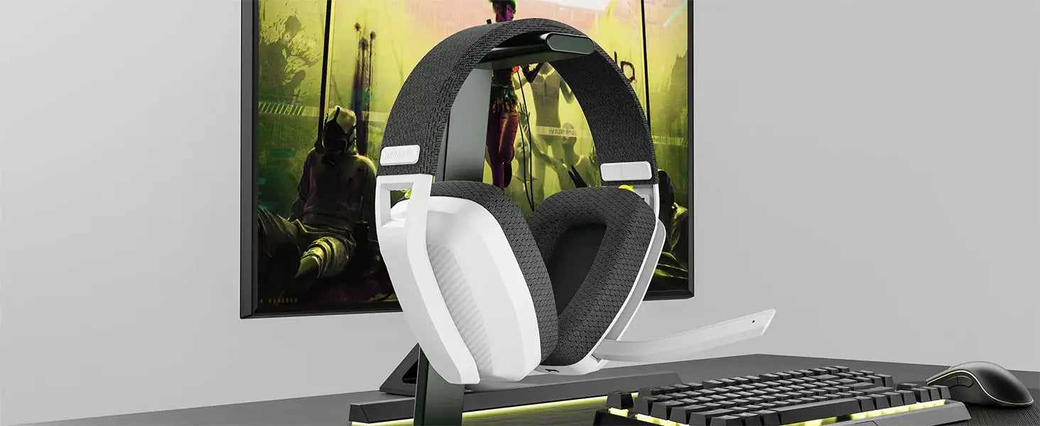 BINNUNE BW06 wireless gaming headset with mic, white over-ear design with black headband for PS5/PS4/PC.