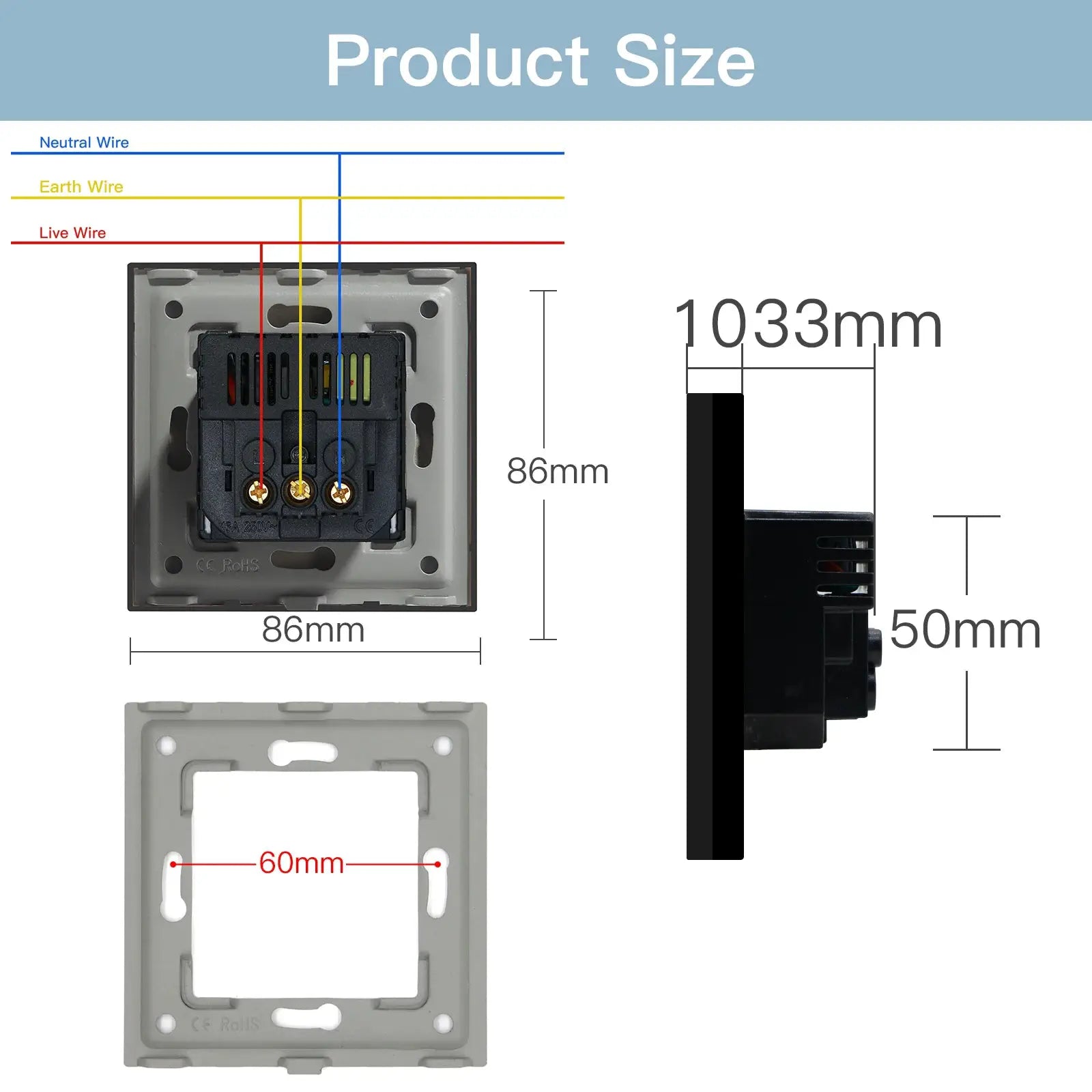 Wall electrical socket with USB and Type-C charging ports on a gray panel, EU standard, 16A, Simples Market