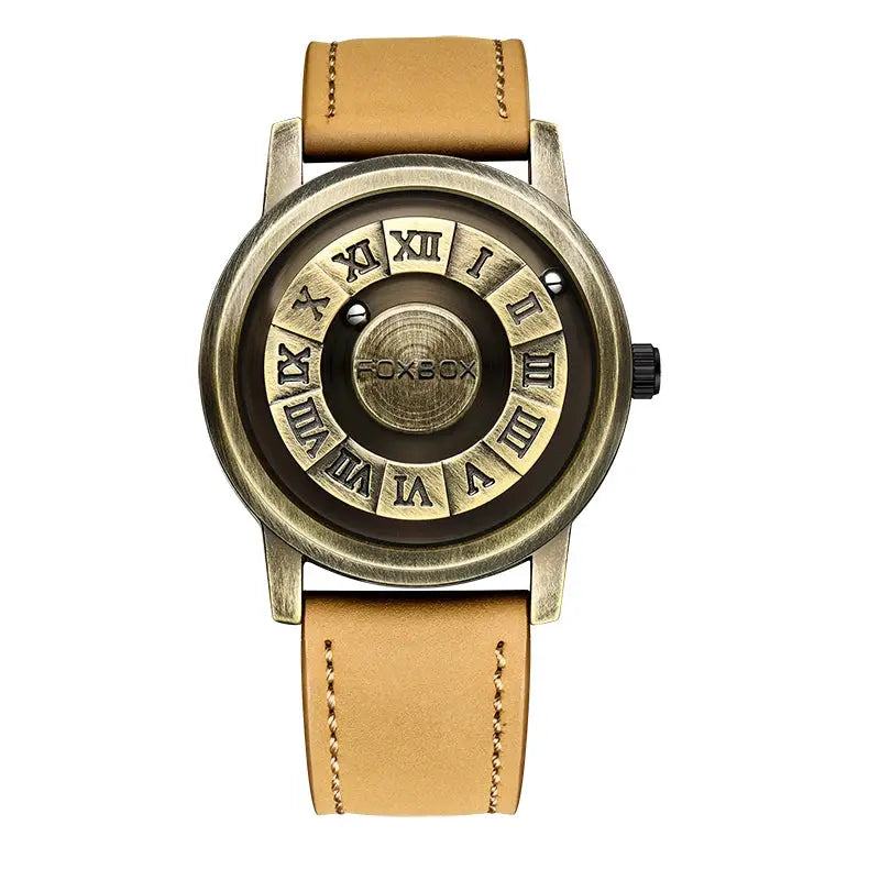 FOXBOX watch with brass-tone case and tan leather strap; Roman numeral inner dial.
