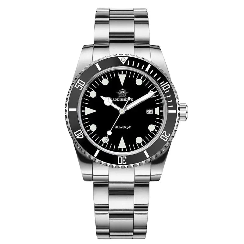ADDIESDIVE stainless steel men's analog dive watch with black dial, ceramic bezel, 200m water resistance