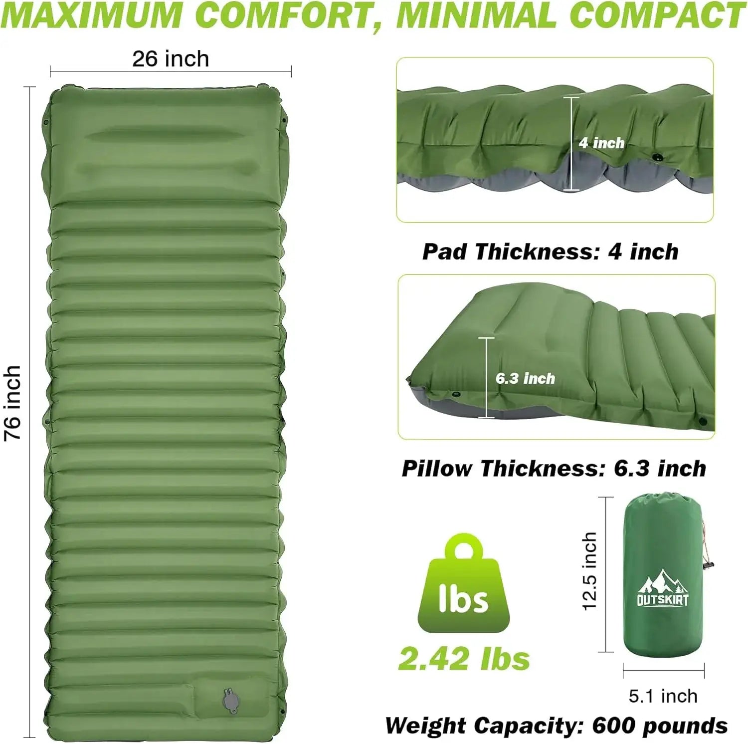 Simples Market green extra-thick camping sleeping pad, 4 inch thick self-inflating, 76 x 26 inches, spliceable hiking pad