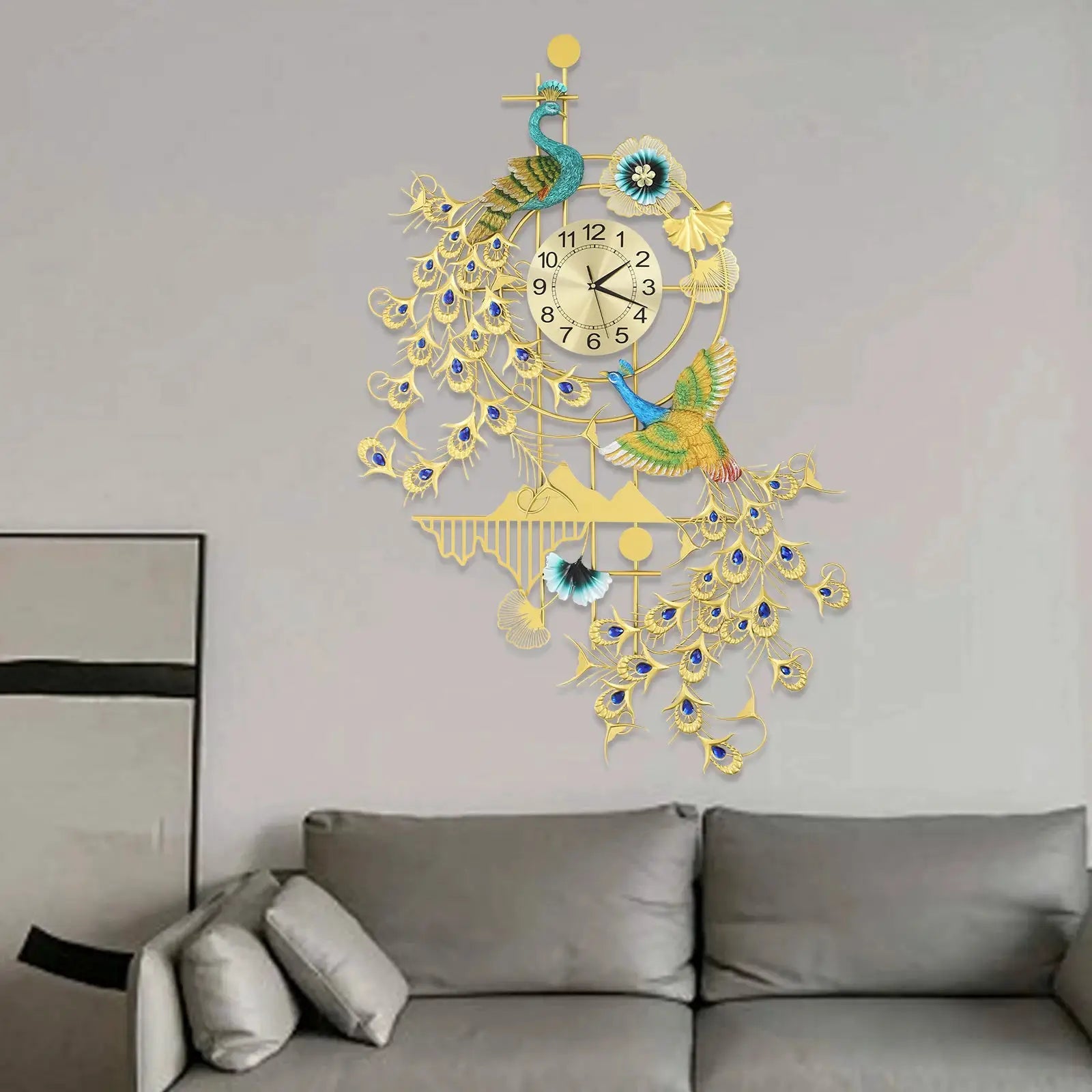Simples Market large 80x120cm peacock wall clock with gold and blue rhinestone accents for modern living room decor