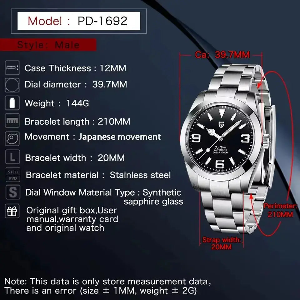PAGANI DESIGN PD-1692 stainless steel men's watch with black dial and Japanese movement
