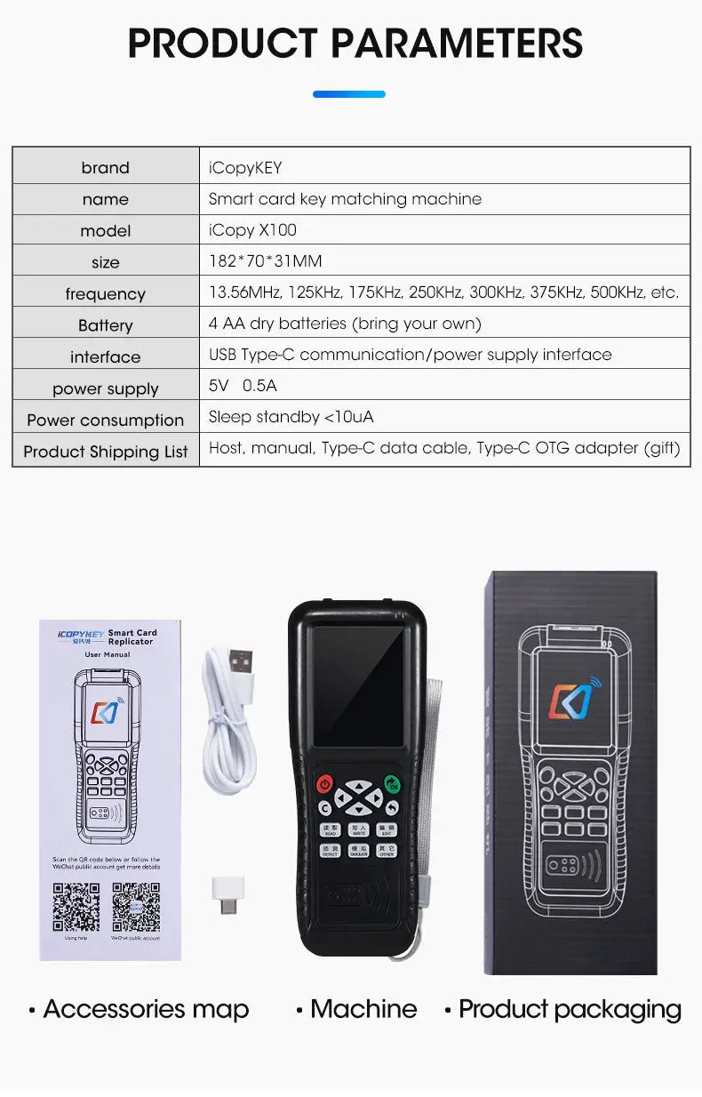 Simples Market iCopyKEY X100 smart card reader, black USB-C handheld device with accessories and packaging (three items)