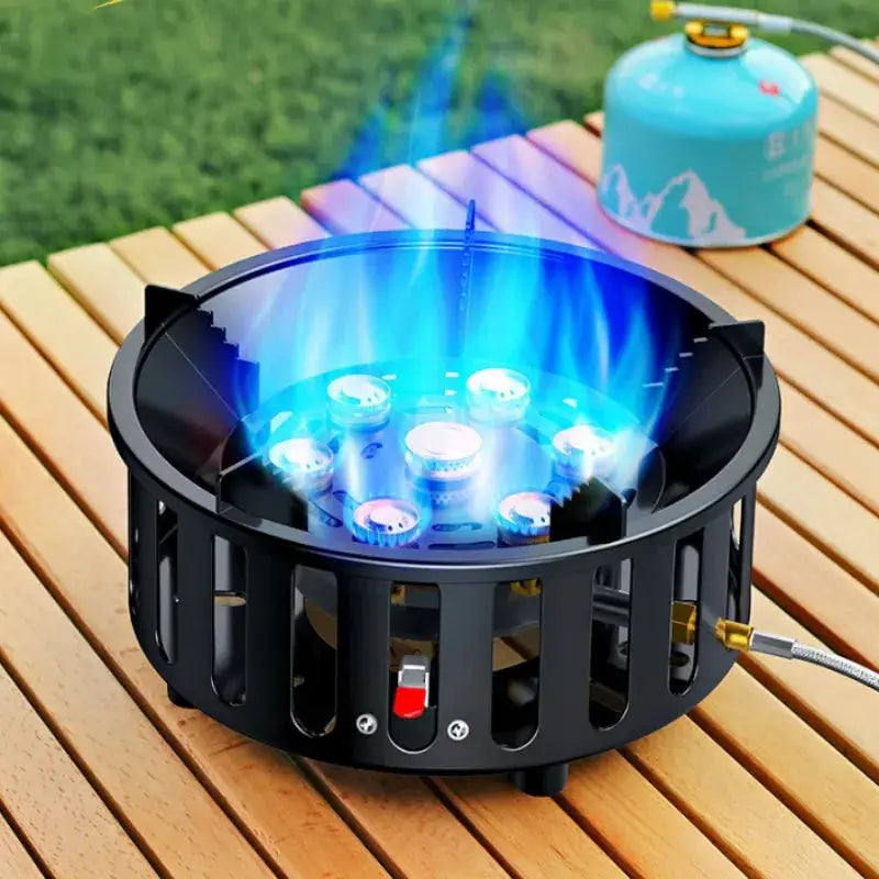 Portable camping stove by Simples Market, black windproof frame, electronic ignition, blue flames.