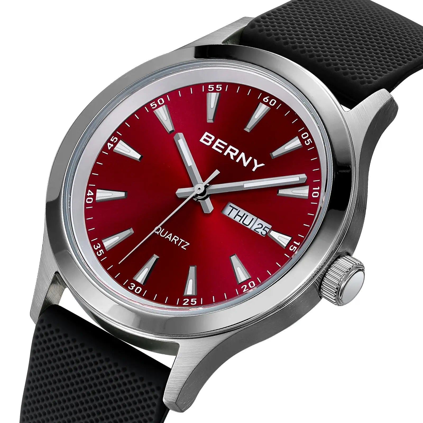BERNY men's quartz wristwatch with red dial, stainless steel case, day-date window, black silicone strap