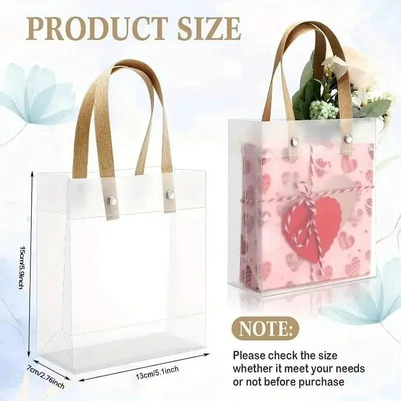 Simples Market 10pcs frosted tote gift bags; clear plastic with beige handles, eco-friendly set