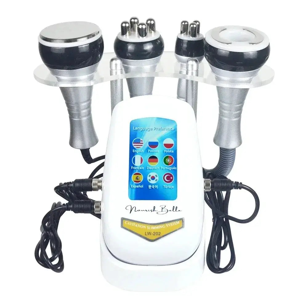4-in-1 cavitation body slimming machine by Nourish Belle with vacuum suction, touchscreen display and handpieces