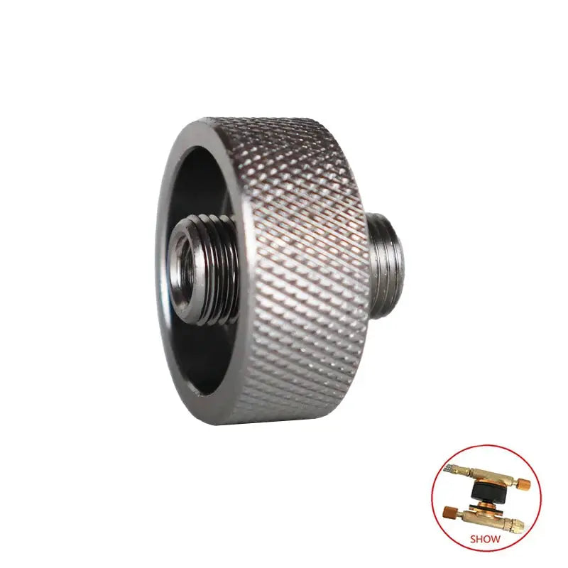 Simples Market camping gas refill adapter; knurled silver metal connector with threaded ends
