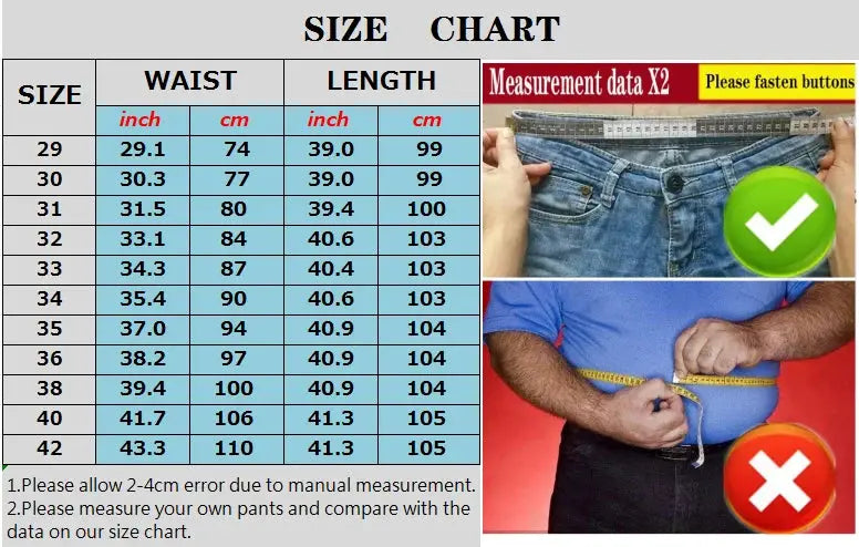 Men's stretch casual pants size chart with waist/length data and waist measurement guidance.