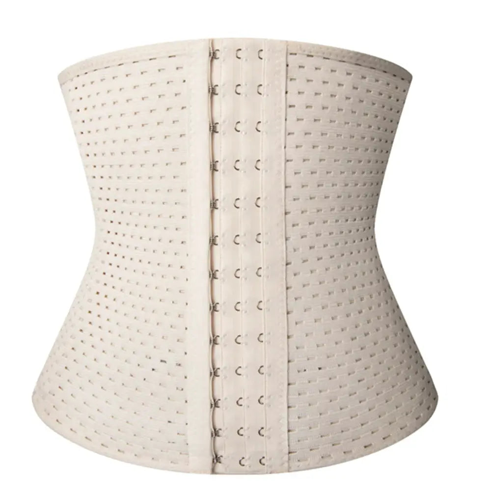Waist trainer corset for men in beige, perforated with front hook closures and high compression shaping.
