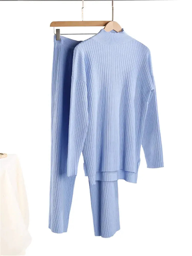 CozyNest Autumn Winter Two Piece Knitted Tracksuit Set With Turtleneck Sweater And Wide Leg Joggers For Women