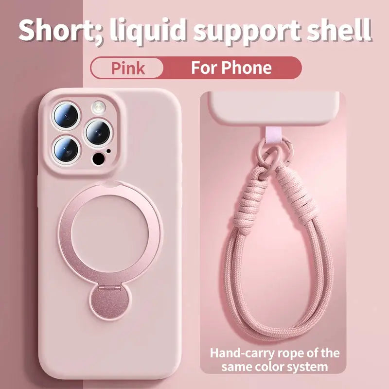 Pink silicone iPhone case with ring grip and matching pink lanyard by Simples Market