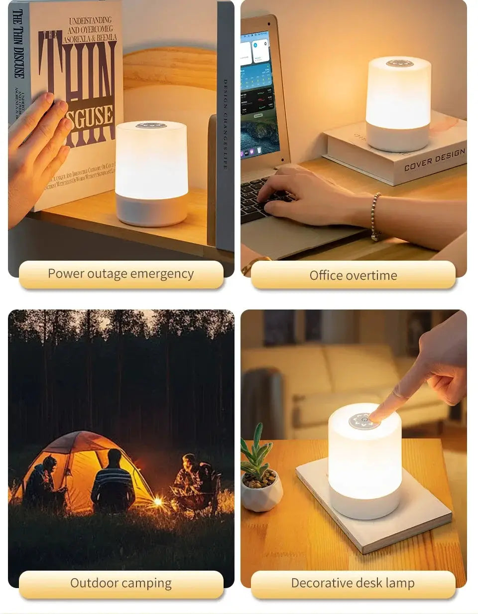 Bedside LED touch night light by Simples Market; white cylindrical rechargeable desk lamp shown in 4 scenes.