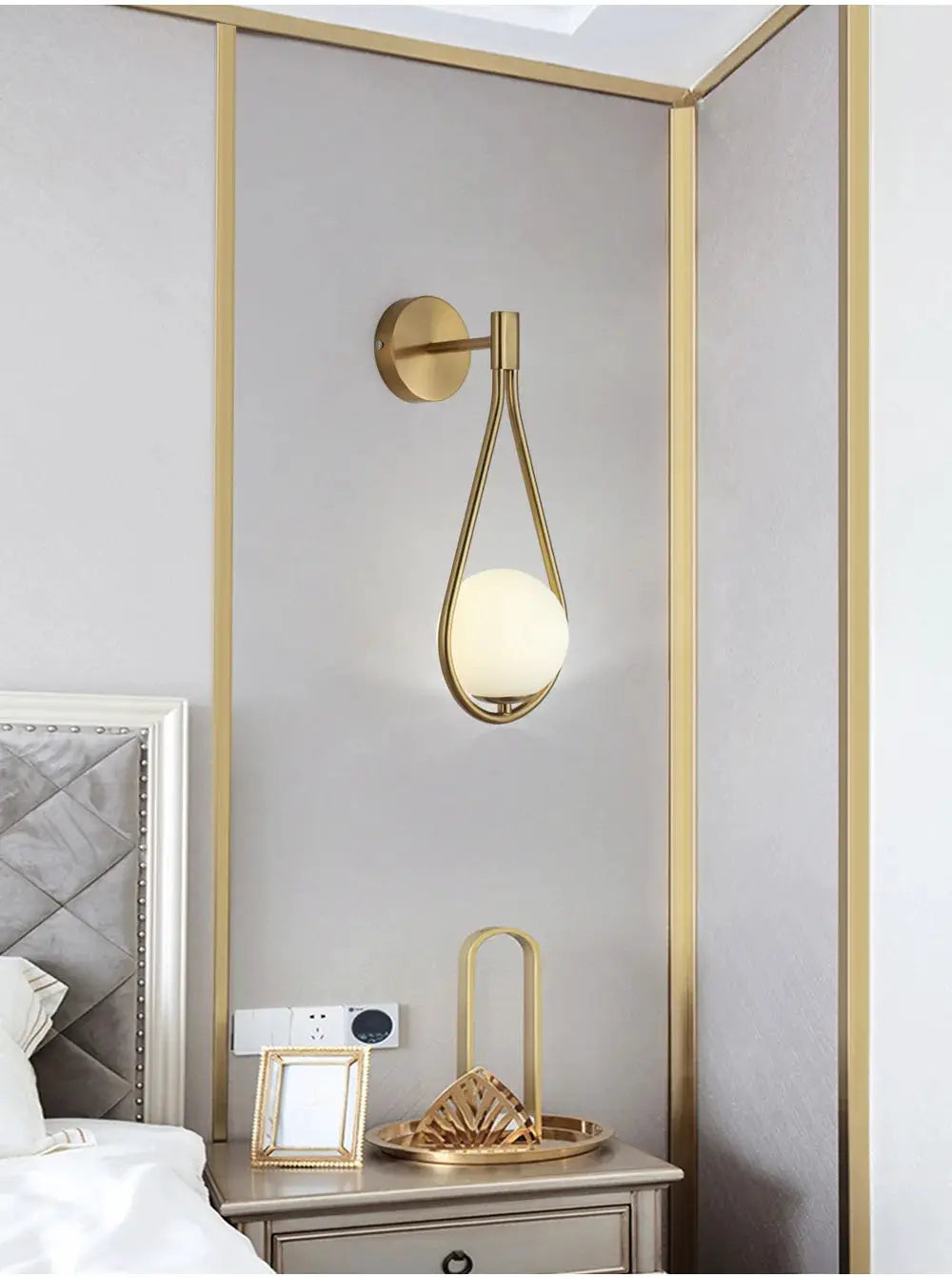 Nordic gold glass ball LED wall lamp with teardrop metal frame for living room