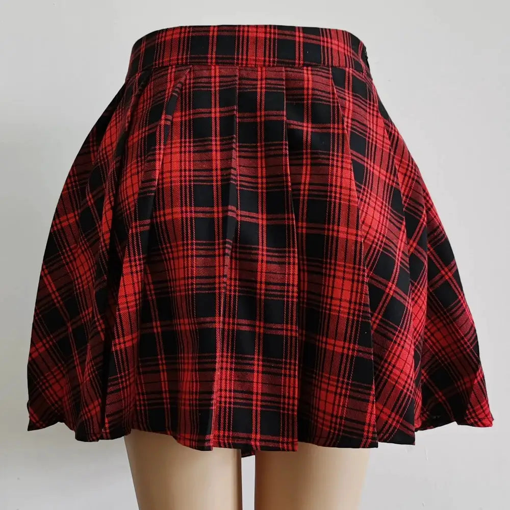 Gothic Sweet women's plaid pleated mini skirt, red and black, high-waisted, Simples Market